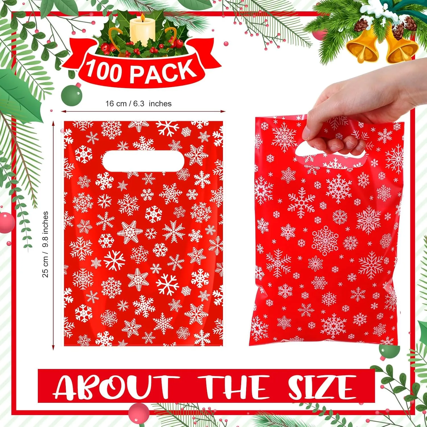 Wesnoy 100 Pieces Christmas Plastic Gift Bags Bulk Christmas Red Snowflake Candy Bags with Handle Xmas Treat Bags Holiday Goodie Bags for Christmas Party Favor Supplies Decoration