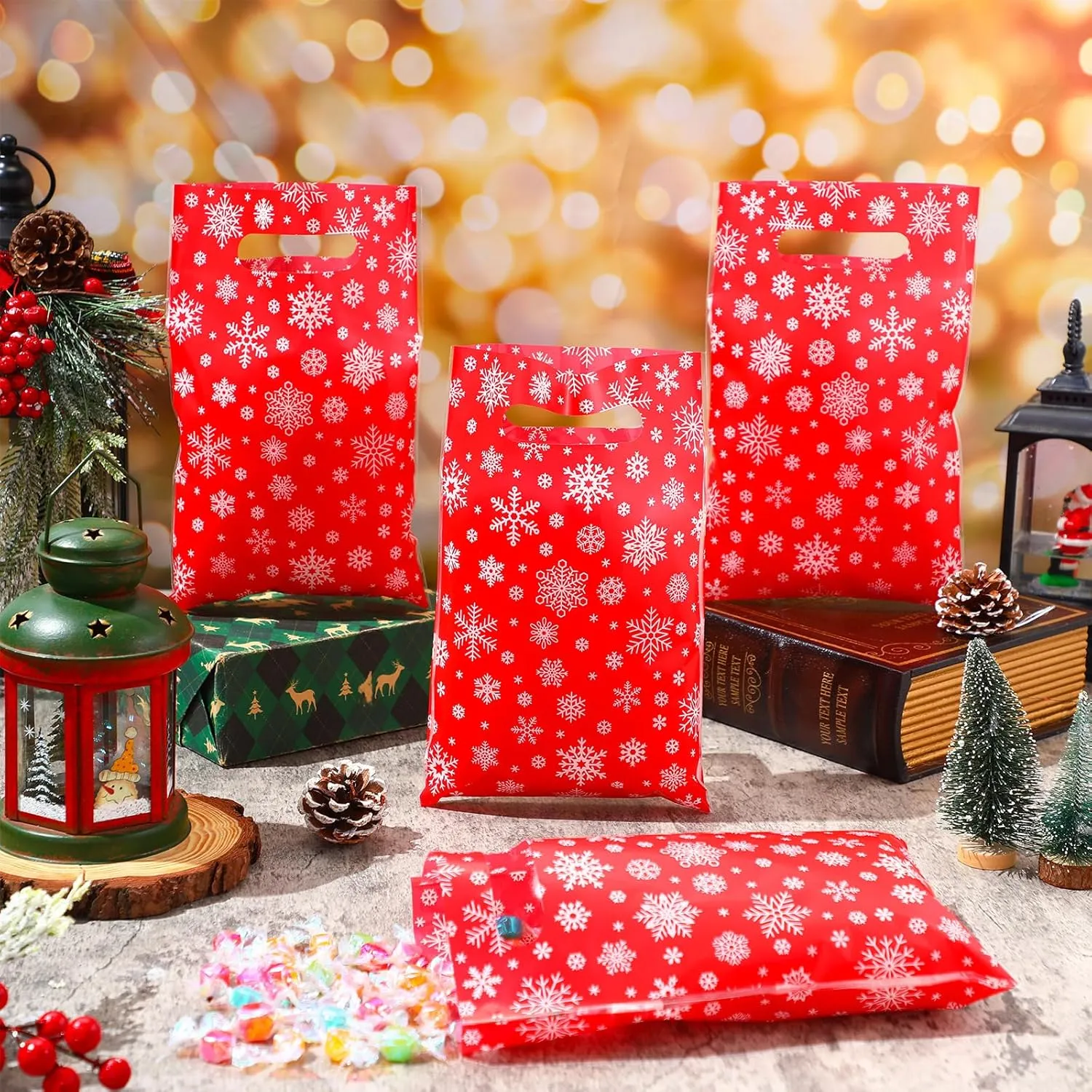 Wesnoy 100 Pieces Christmas Plastic Gift Bags Bulk Christmas Red Snowflake Candy Bags with Handle Xmas Treat Bags Holiday Goodie Bags for Christmas Party Favor Supplies Decoration