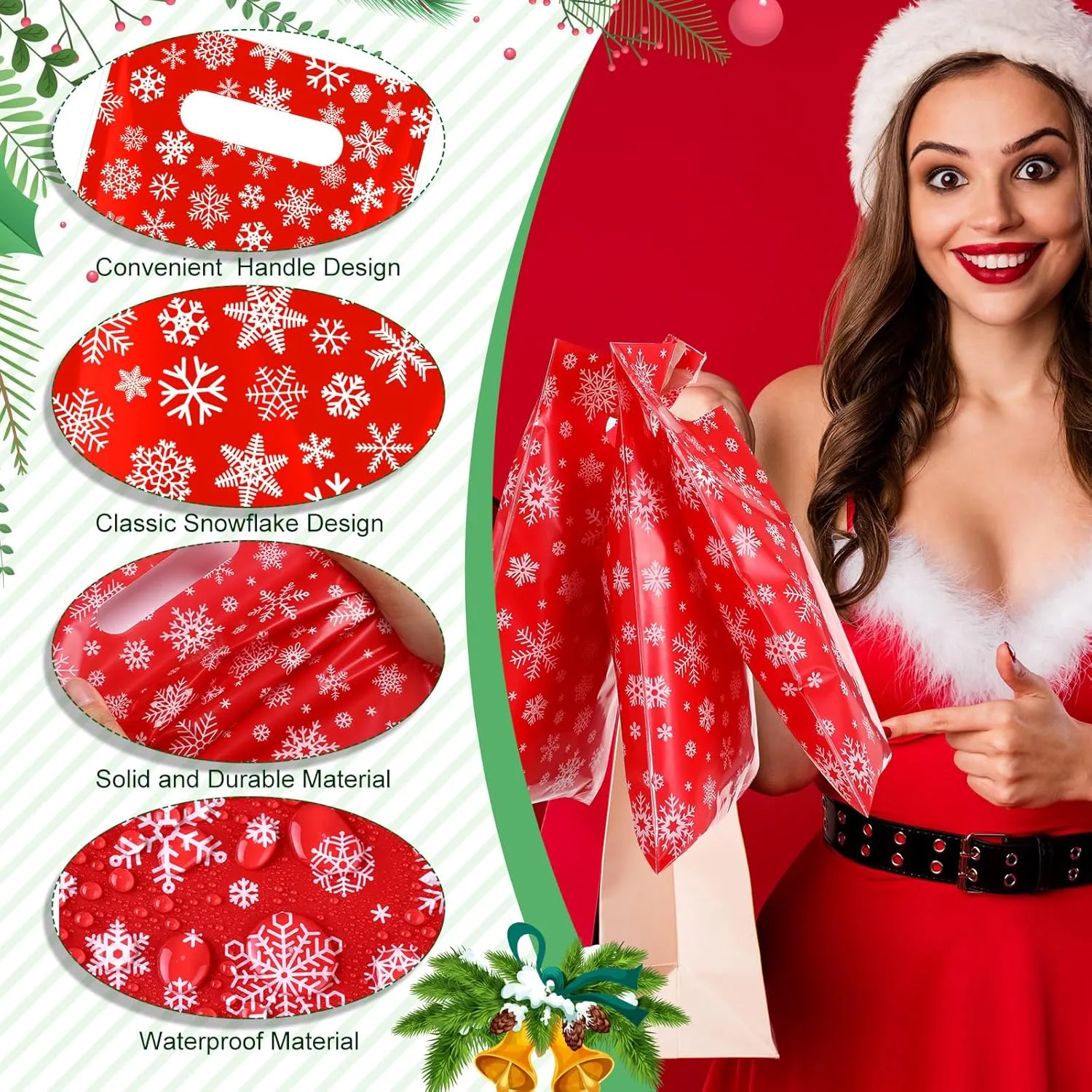Wesnoy 100 Pieces Christmas Plastic Gift Bags Bulk Christmas Red Snowflake Candy Bags with Handle Xmas Treat Bags Holiday Goodie Bags for Christmas Party Favor Supplies Decoration