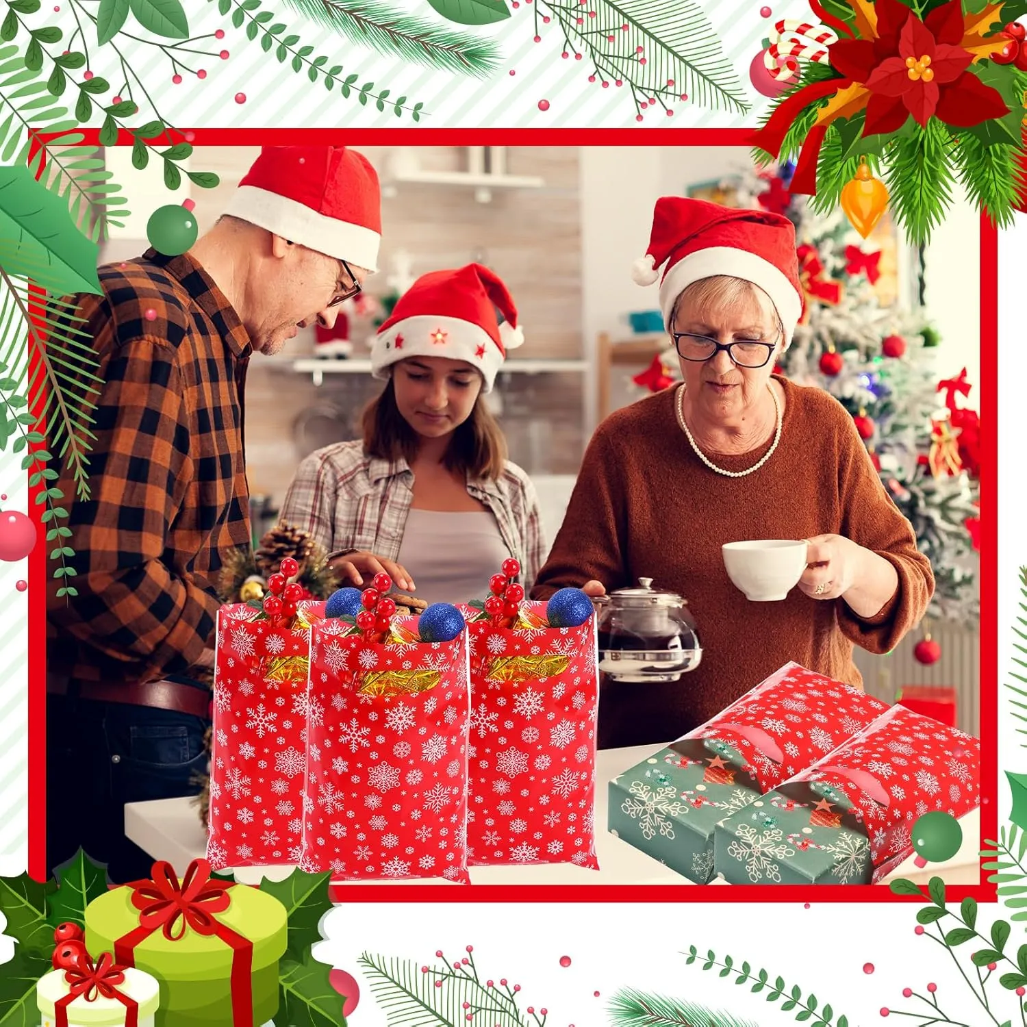 Wesnoy 100 Pieces Christmas Plastic Gift Bags Bulk Christmas Red Snowflake Candy Bags with Handle Xmas Treat Bags Holiday Goodie Bags for Christmas Party Favor Supplies Decoration