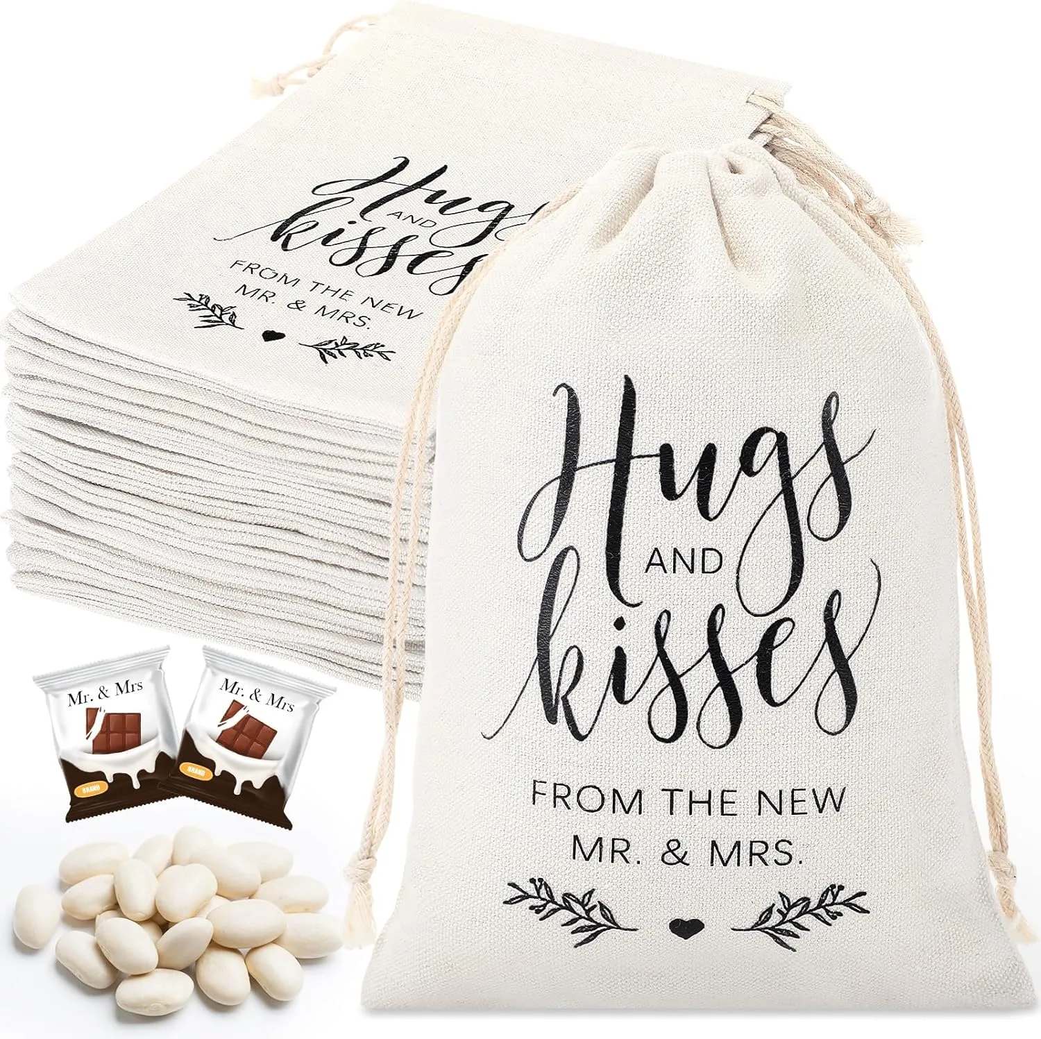 Wesnoy 20 Pcs Wedding Favor Cotton and Linen Bags 5x7inch Candy Drawstring Welcome Gift Bags for Guests Printed Hugs and Kisses from the New Mr. & Mrs. Wedding Engagement Bridal Shower Party Favors