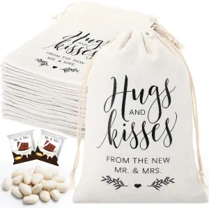 Wesnoy 20 Pcs Wedding Favor Cotton and Linen Bags 5x7inch Candy Drawstring Welcome Gift Bags for Guests Printed Hugs and Kisses from the New Mr. & Mrs. Wedding Engagement Bridal Shower Party Favors