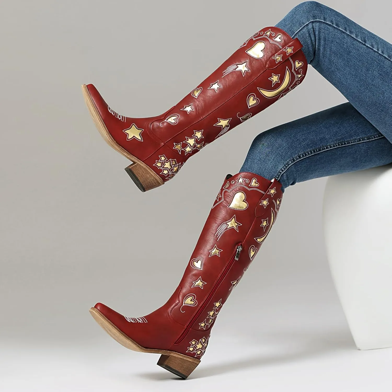 Western Cowboy Boots for Women Knee High, Stars Moon Heart Patterns Low Heel