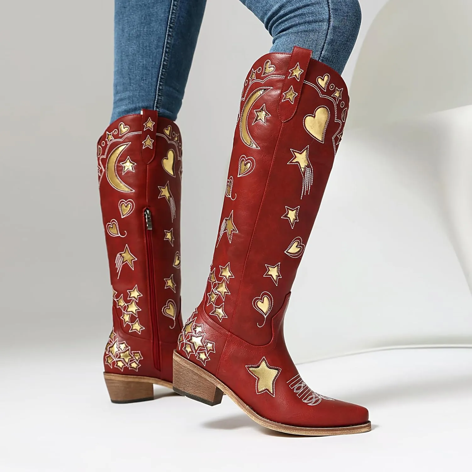 Western Cowboy Boots for Women Knee High, Stars Moon Heart Patterns Low Heel