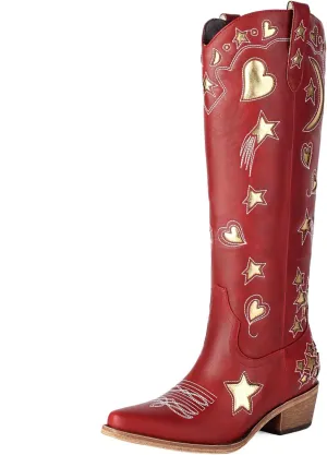 Western Cowboy Boots for Women Knee High, Stars Moon Heart Patterns Low Heel