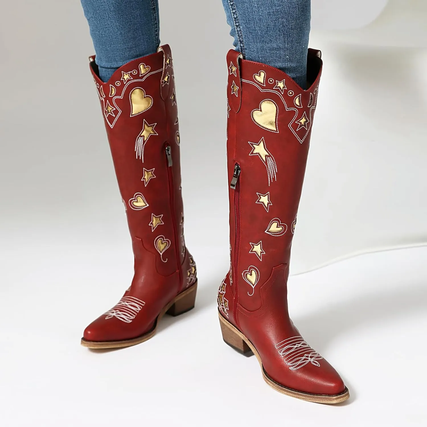 Western Cowboy Boots for Women Knee High, Stars Moon Heart Patterns Low Heel