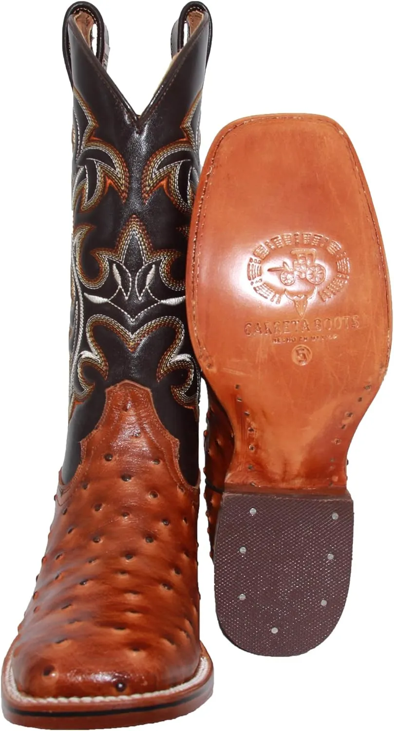 Western Shops Mens Genuine Cowhide Leather Quill Ostrich Print Western Cowboy Square Toe Rodeo Boots