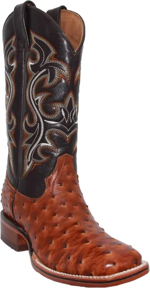 Western Shops Mens Genuine Cowhide Leather Quill Ostrich Print Western Cowboy Square Toe Rodeo Boots