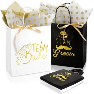 Whaline 16pcs Bride & Groom Gift Bags with Tissue Papers & Ribbons - Gold Foil Team Groom & Bride Kraft Paper Bags with Handles - Candy Treat Bags for Wedding & Bridal Shower Supplies