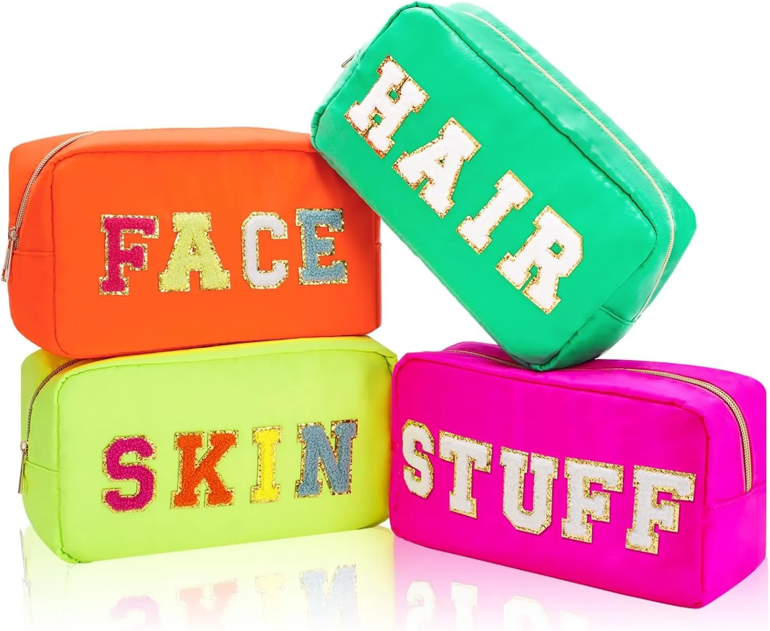 Whaline 4Pcs Preppy Nylon Cosmetic Bag Chenille Letter Makeup Organizer Bag Set Patches Toiletry Cosmetic Case Waterproof Zipper Cosmetic Pouch for Women (Neon Color,Skin,Stuff,Hair,Face)