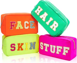 Whaline 4Pcs Preppy Nylon Cosmetic Bag Chenille Letter Makeup Organizer Bag Set Patches Toiletry Cosmetic Case Waterproof Zipper Cosmetic Pouch for Women (Neon Color,Skin,Stuff,Hair,Face)
