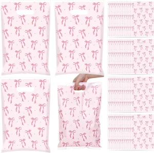 Whaline 50Pcs Pink Bow Plastic Gift Bags 11 x 17 In Cute Coquette Bow Party Favor Bags Candy Goodie Treat Bags Retail Shopping Bags For Birthday Bridal Shower Bachelorette Party Supplies
