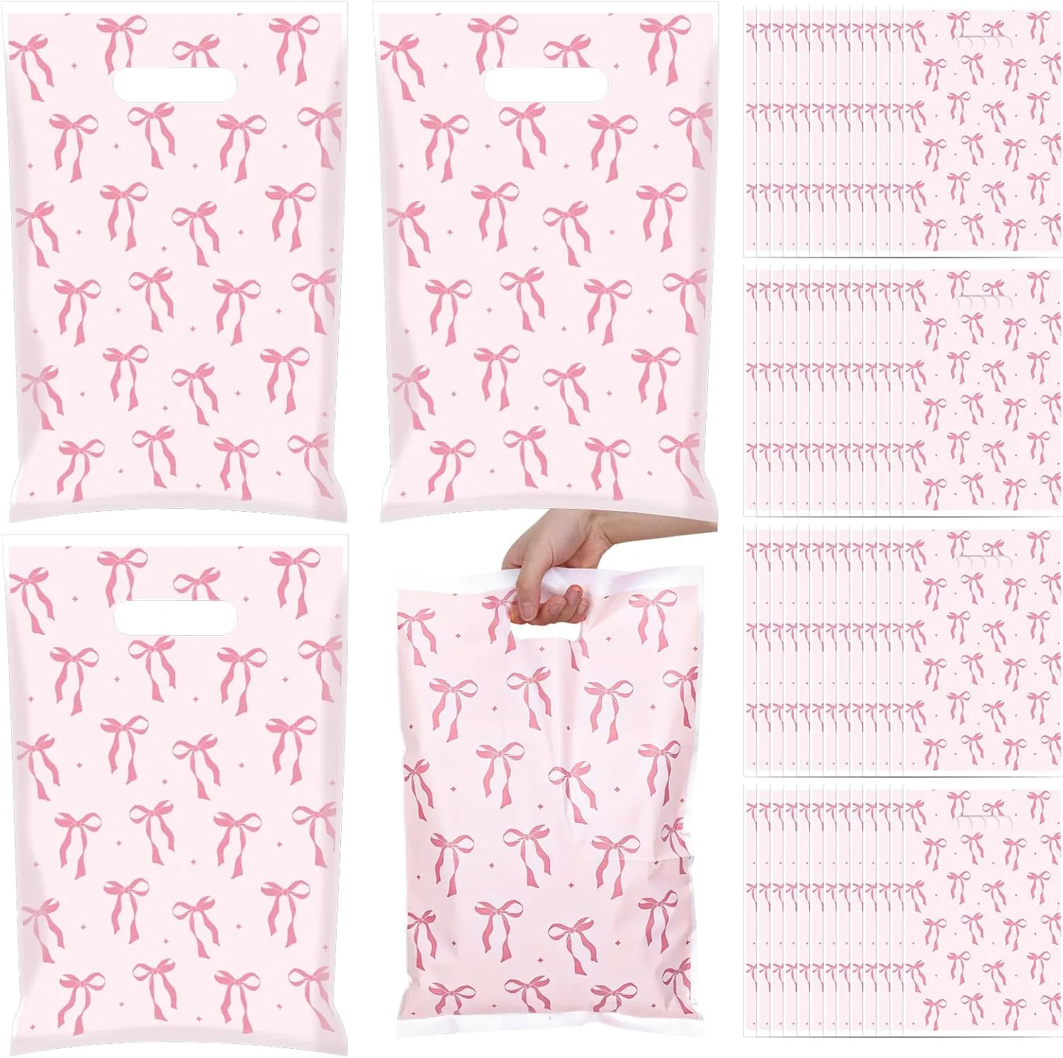 Whaline 50Pcs Pink Bow Plastic Gift Bags 11 x 17 In Cute Coquette Bow Party Favor Bags Candy Goodie Treat Bags Retail Shopping Bags For Birthday Bridal Shower Bachelorette Party Supplies