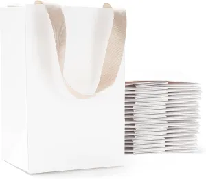White Gift Bags with Handles, 20Pcs 5.25"x3.75"x8" White Paper Gift Bags with Ribbon Handles Bulk, Small Kraft Paper Bag for Party, Goodie
