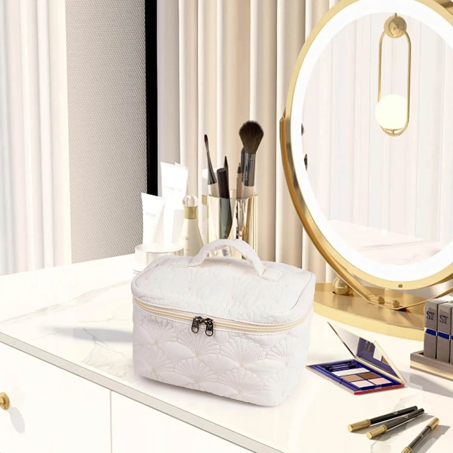 White Quilted Makeup Bag, Cute Make Up Bag Organizer whith Shell Pattern, Cotton Cosmetic Bag for Women & Girls, Canvas Lined Pouch, Coquette Organizer purse(White Shell Large)