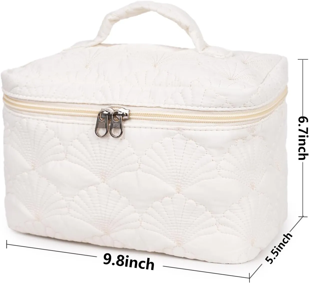 White Quilted Makeup Bag, Cute Make Up Bag Organizer whith Shell Pattern, Cotton Cosmetic Bag for Women & Girls, Canvas Lined Pouch, Coquette Organizer purse(White Shell Large)