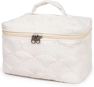 White Quilted Makeup Bag, Cute Make Up Bag Organizer whith Shell Pattern, Cotton Cosmetic Bag for Women & Girls, Canvas Lined Pouch, Coquette Organizer purse(White Shell Large)