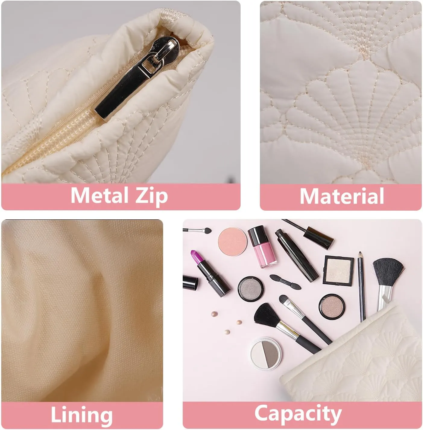 White Quilted Makeup Bag, Cute Make Up Bag Organizer whith Shell Pattern, Cotton Cosmetic Bag for Women & Girls, Canvas Lined Pouch, Coquette Organizer purse(White Shell Large)