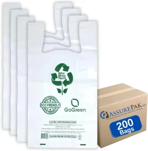White Reusable/Eco-Friendly LDPE T-Shirt - 1/6 BBL 11.5"X6.5"X21" - 200 Bags - 57 Micron (2.25 mil) - White - WHLD40REC225REU1221 - AssurePak