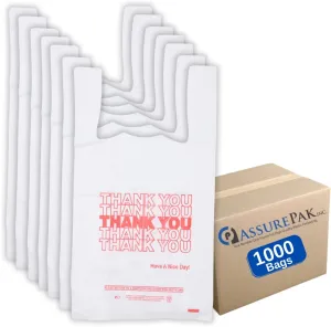 White 'Thank You' HDPE T-Shirt Bags - 1/6 BBL 11.5"X6"X21" - 1000 Bags - 15 microns - White - 10010-EO - AssurePak