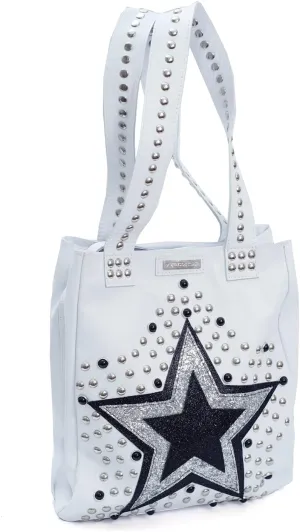 White Tote Bag with Silver Star and Studded Accents – Glamorous Large Shoulder Bag for Women