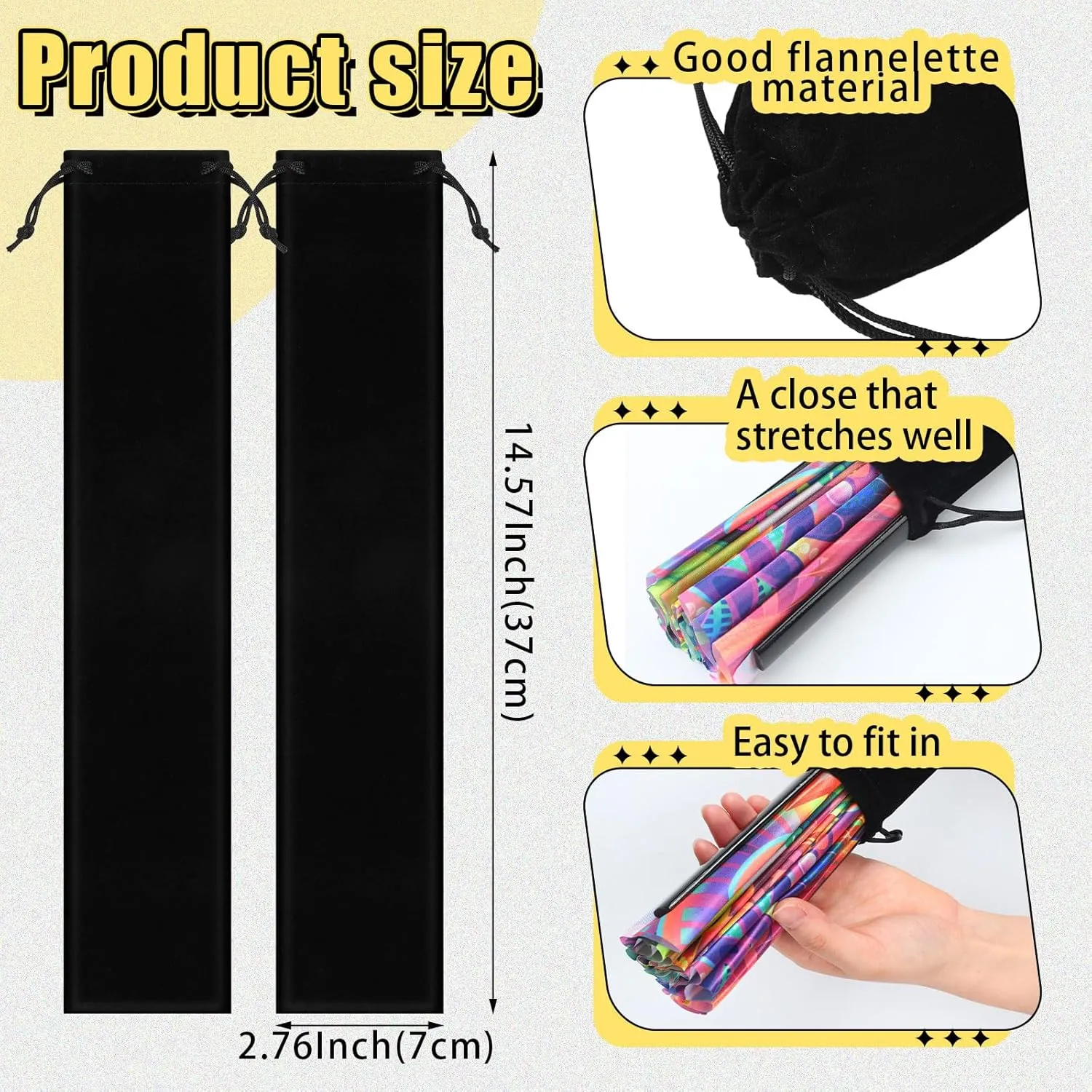 Windyun Folding Hand Fan Bags Long Velvet Bags with Drawstrings Black Hand Fan Pouch Gift Wrap Protector Clack Sleeves Holder for Line Dancing Wedding Travel Party Favors(36 Pcs,14.57 x 2.76 Inch)
