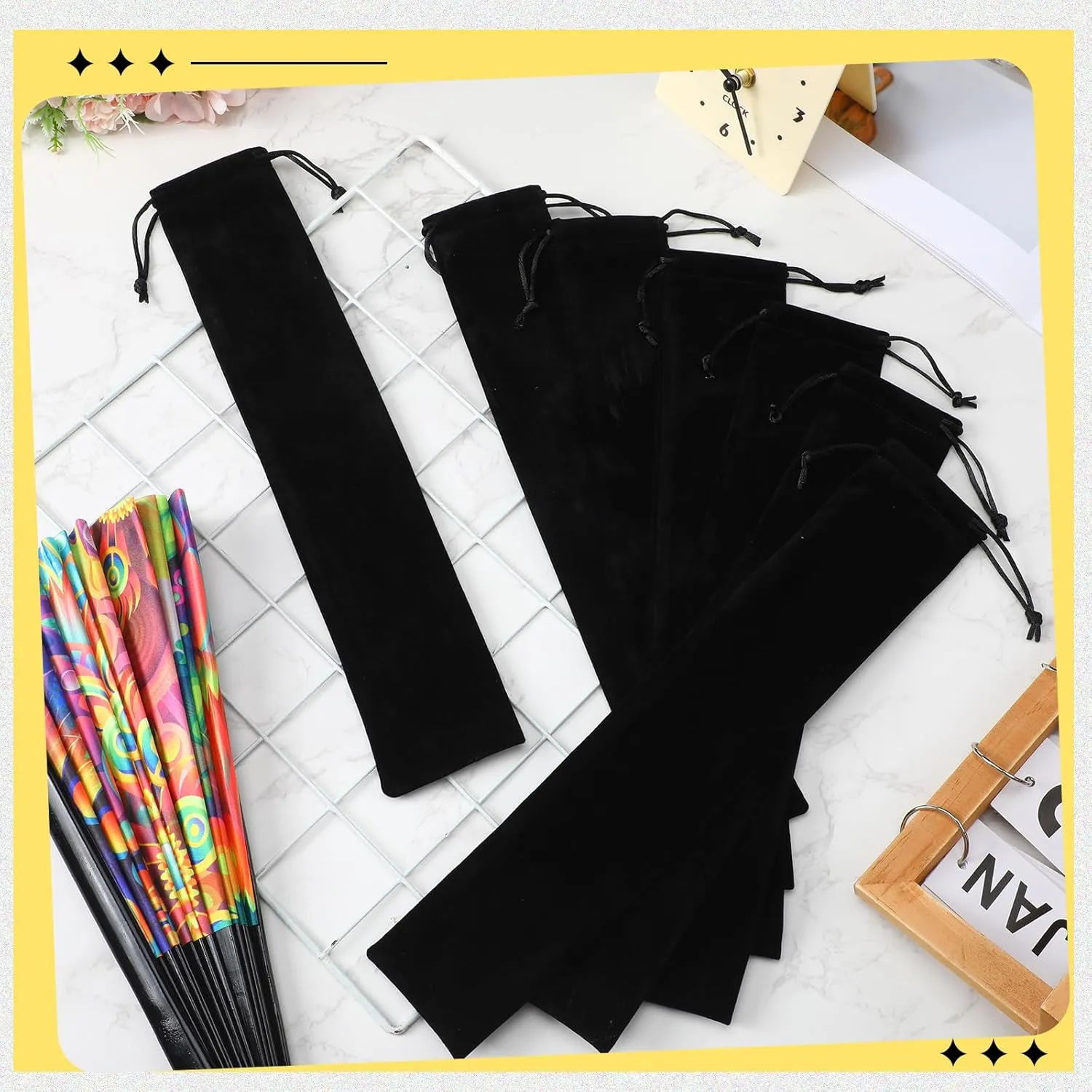 Windyun Folding Hand Fan Bags Long Velvet Bags with Drawstrings Black Hand Fan Pouch Gift Wrap Protector Clack Sleeves Holder for Line Dancing Wedding Travel Party Favors(36 Pcs,14.57 x 2.76 Inch)