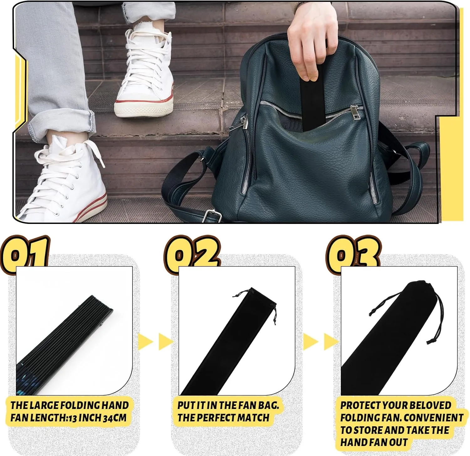 Windyun Folding Hand Fan Bags Long Velvet Bags with Drawstrings Black Hand Fan Pouch Gift Wrap Protector Clack Sleeves Holder for Line Dancing Wedding Travel Party Favors(36 Pcs,14.57 x 2.76 Inch)