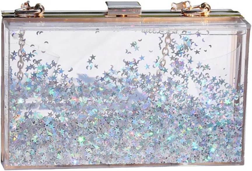 Women Acrylic Clutch Purse Clear Evening Shoulder Bag Star Quicksand Liquid Clutch Purse for Wedding Party Prom Silver