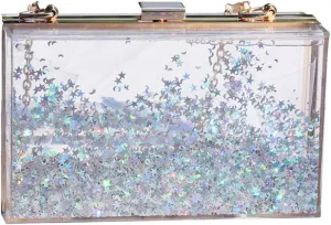 Women Acrylic Clutch Purse Clear Evening Shoulder Bag Star Quicksand Liquid Clutch Purse for Wedding Party Prom Silver