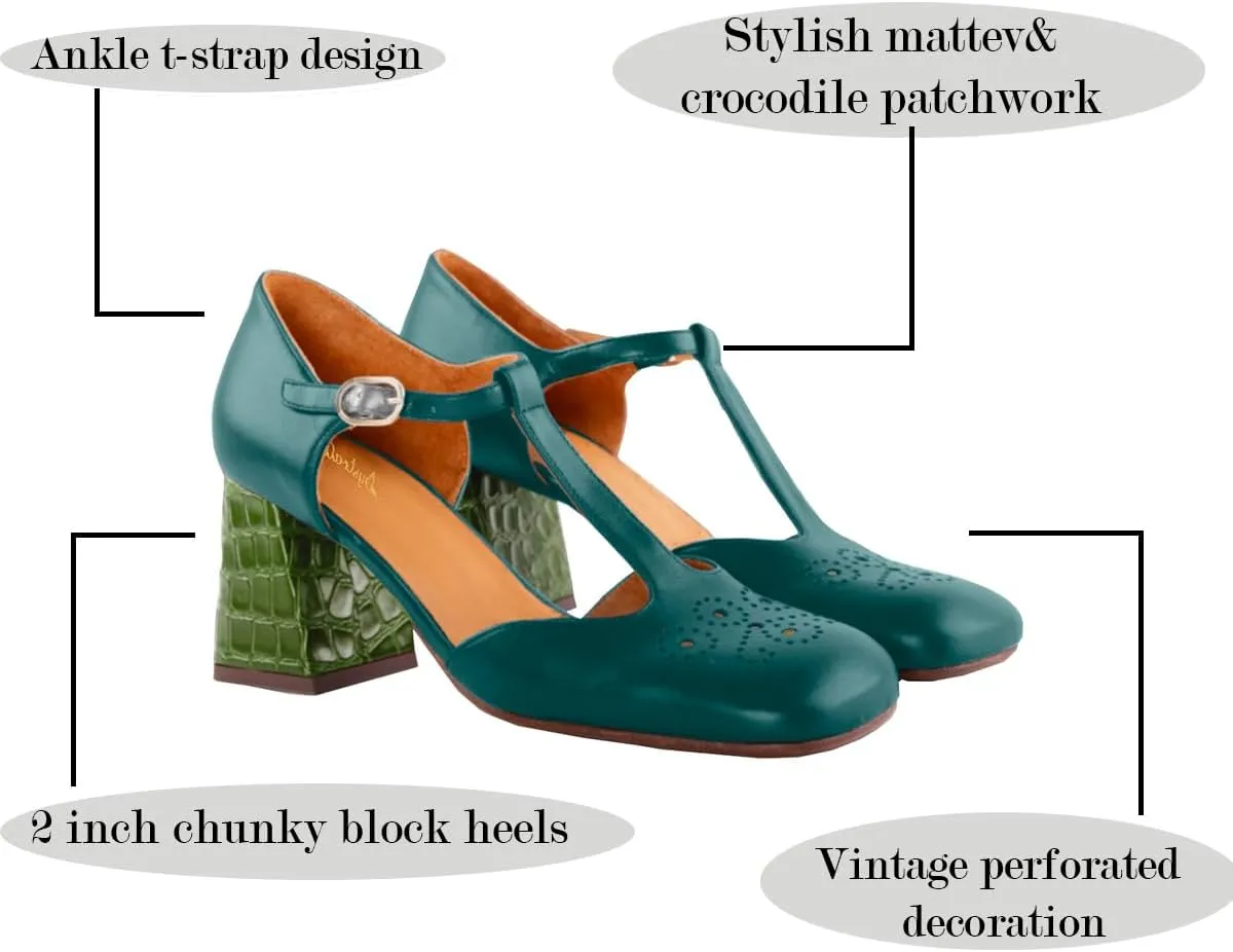 Women Chunky Heel Mary Jane Pumps Ankle T-Strap Mary Jane Heels Square Toe Crocodile Two Tone Dress Heeled Sandals 2” Block Heel Mary Janes Cut Out Sandals Patchwork Party 4-11 M US