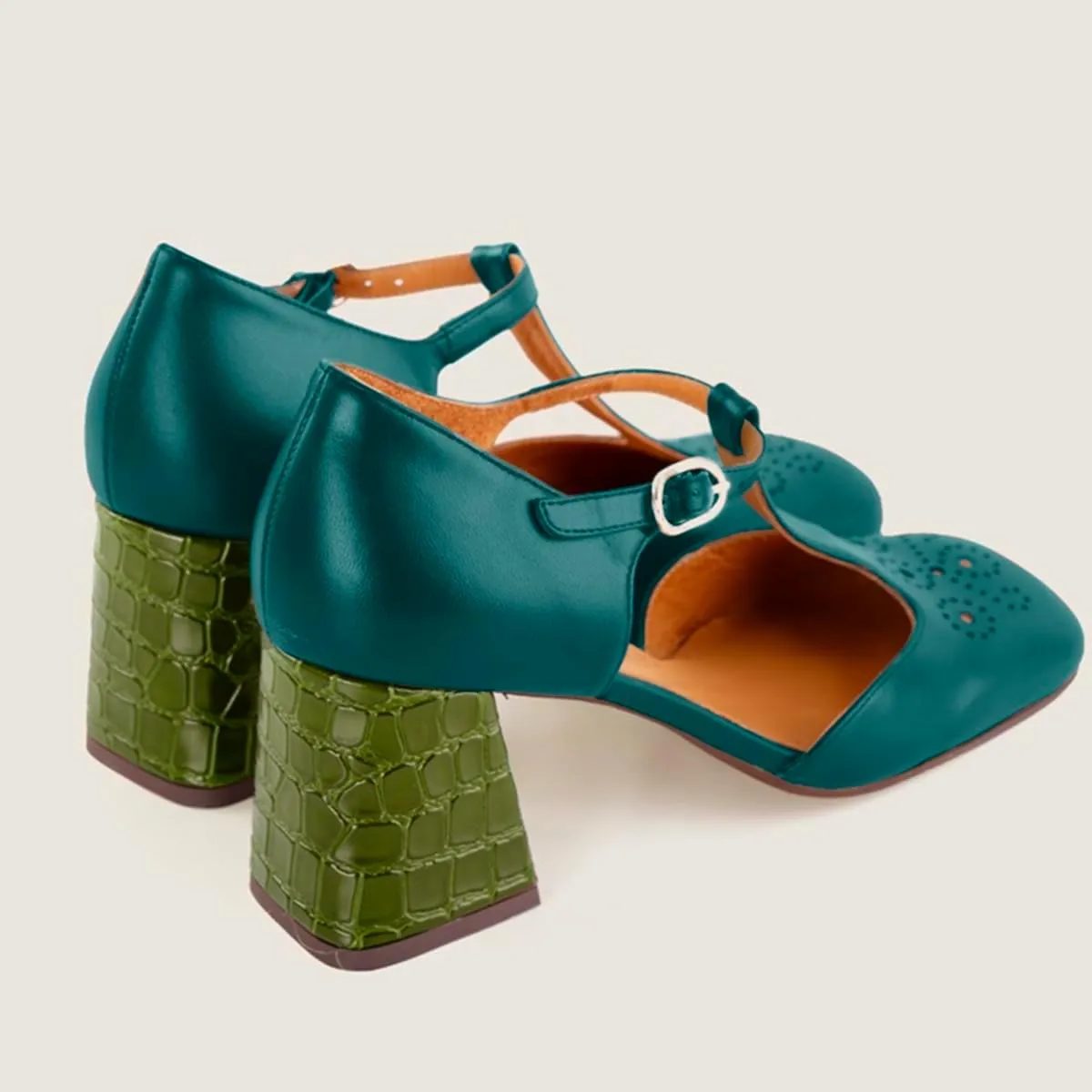 Women Chunky Heel Mary Jane Pumps Ankle T-Strap Mary Jane Heels Square Toe Crocodile Two Tone Dress Heeled Sandals 2” Block Heel Mary Janes Cut Out Sandals Patchwork Party 4-11 M US