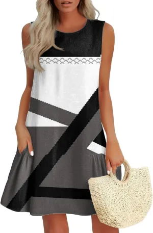 Women Church Dresses Sleeveless Round Neck Geometric Print Ruffle Loose Mini Tank Sundresses with Pocket, S-2XL