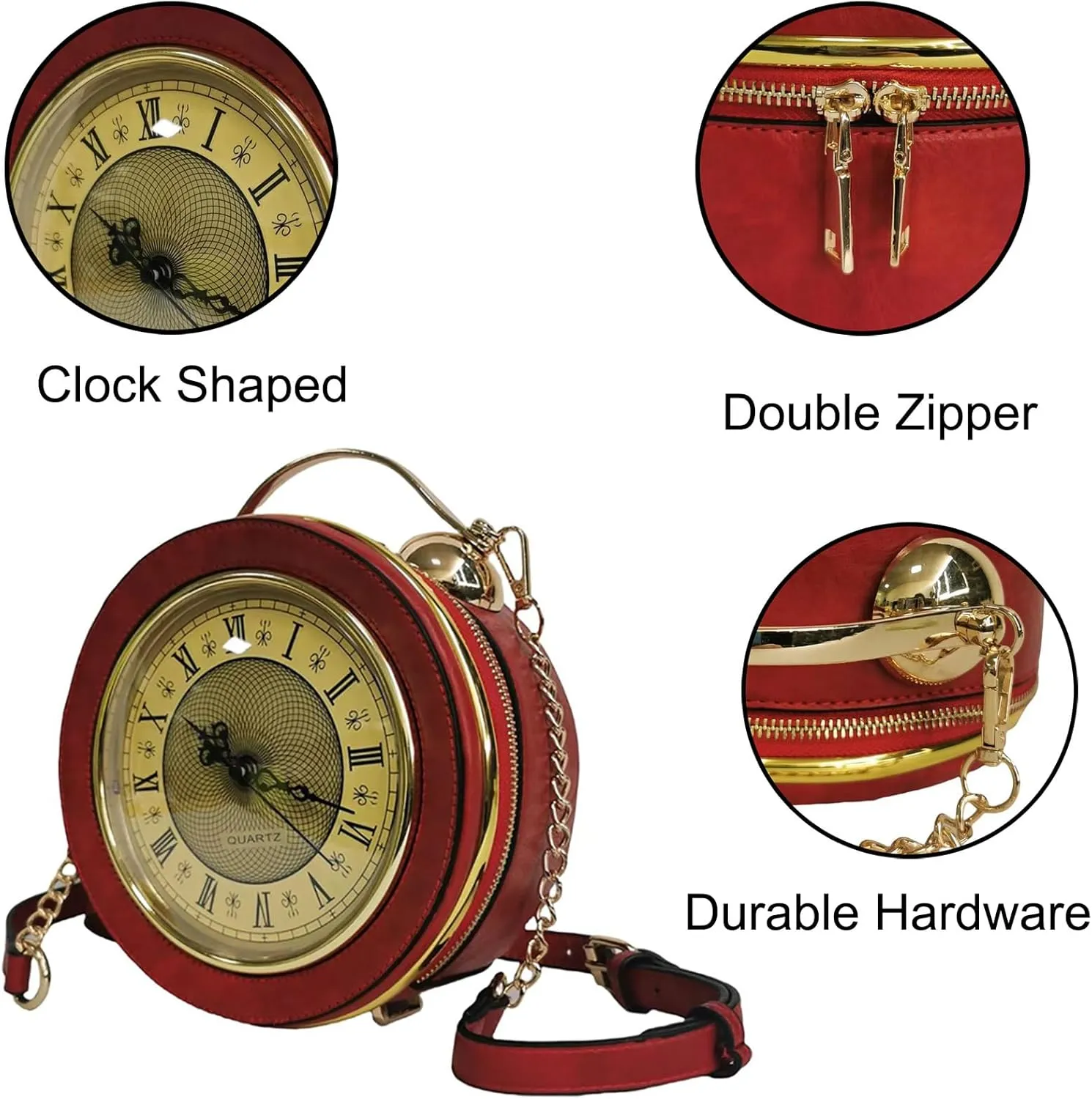 Women Classic Retro Clock Shaped Crossbody Shoulder Bag Handbag PVC Unique Novelty Clock Purse