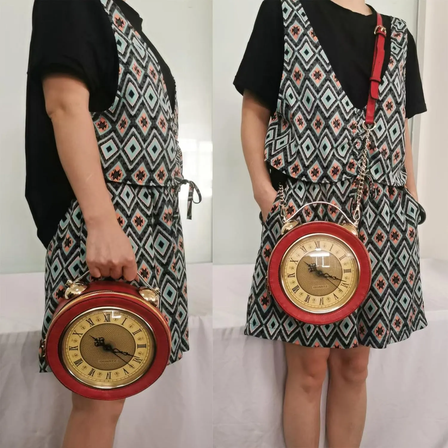 Women Classic Retro Clock Shaped Crossbody Shoulder Bag Handbag PVC Unique Novelty Clock Purse
