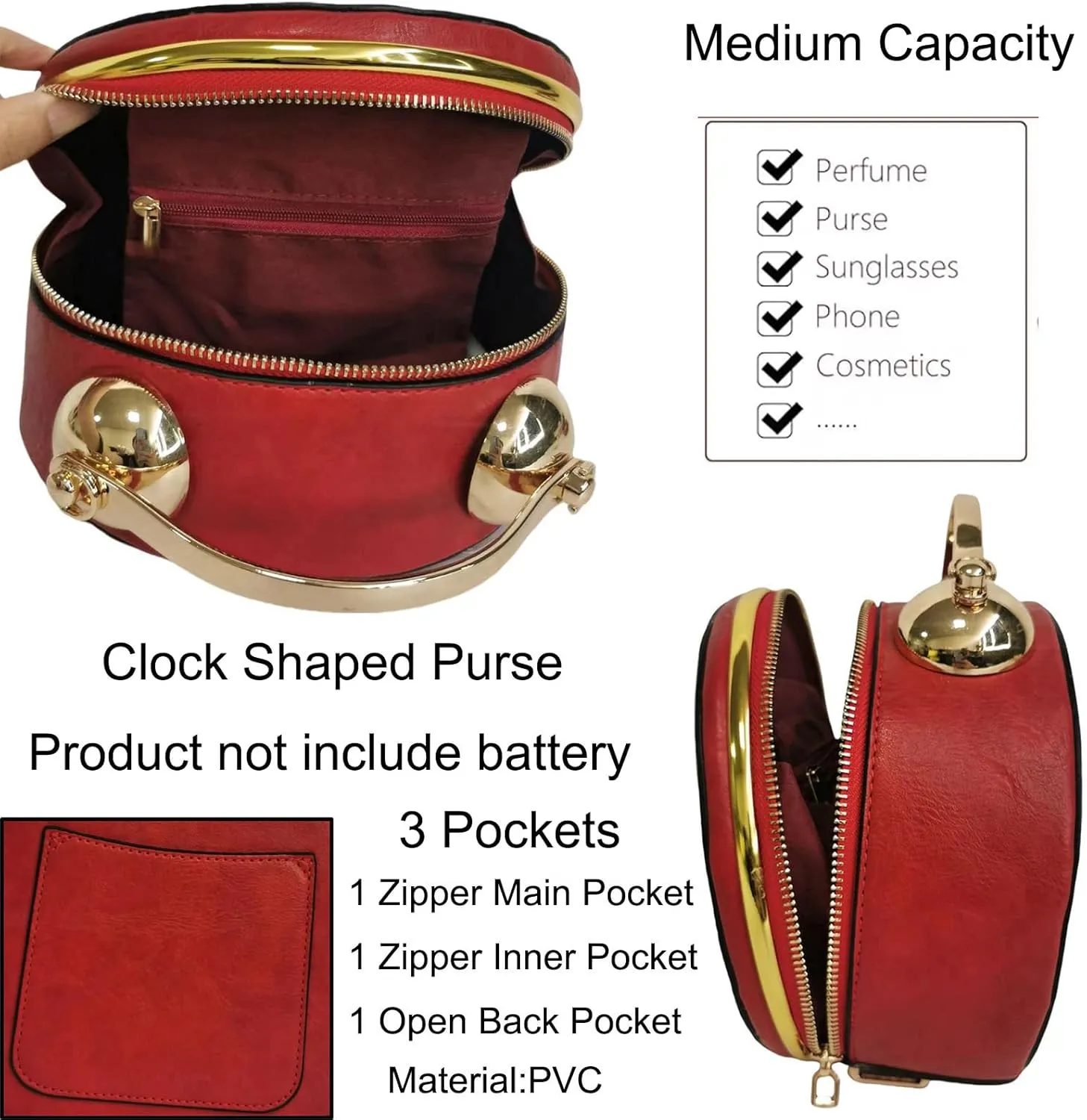 Women Classic Retro Clock Shaped Crossbody Shoulder Bag Handbag PVC Unique Novelty Clock Purse