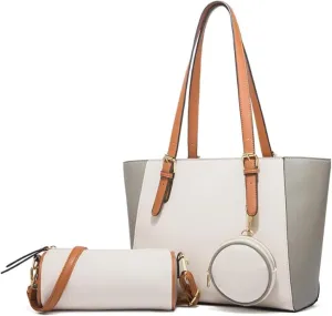 Women Color Contrast Tote Bags Shoulder Bag Satchel 3pcs-Brown