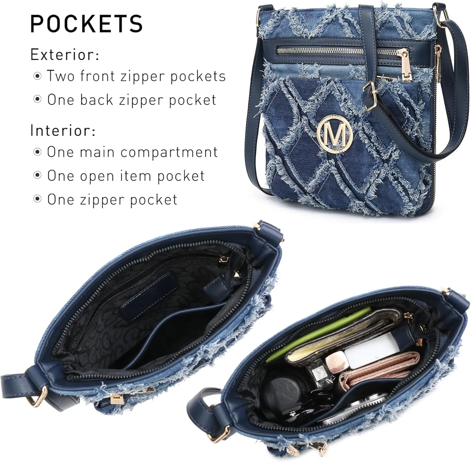 Women Crossbody Purses Multi Pockets Large Signature Monogram Zip Shoulder Bags Ladies PU Leather Handbag