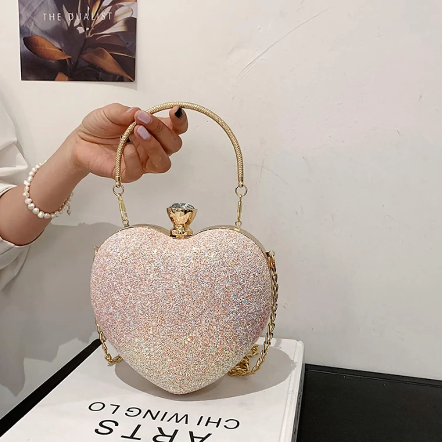 Women Exquisite Heart Shape Evening Clutch Velvet Leather Tote Handbag Chain Party Shoulder Crossbody Red