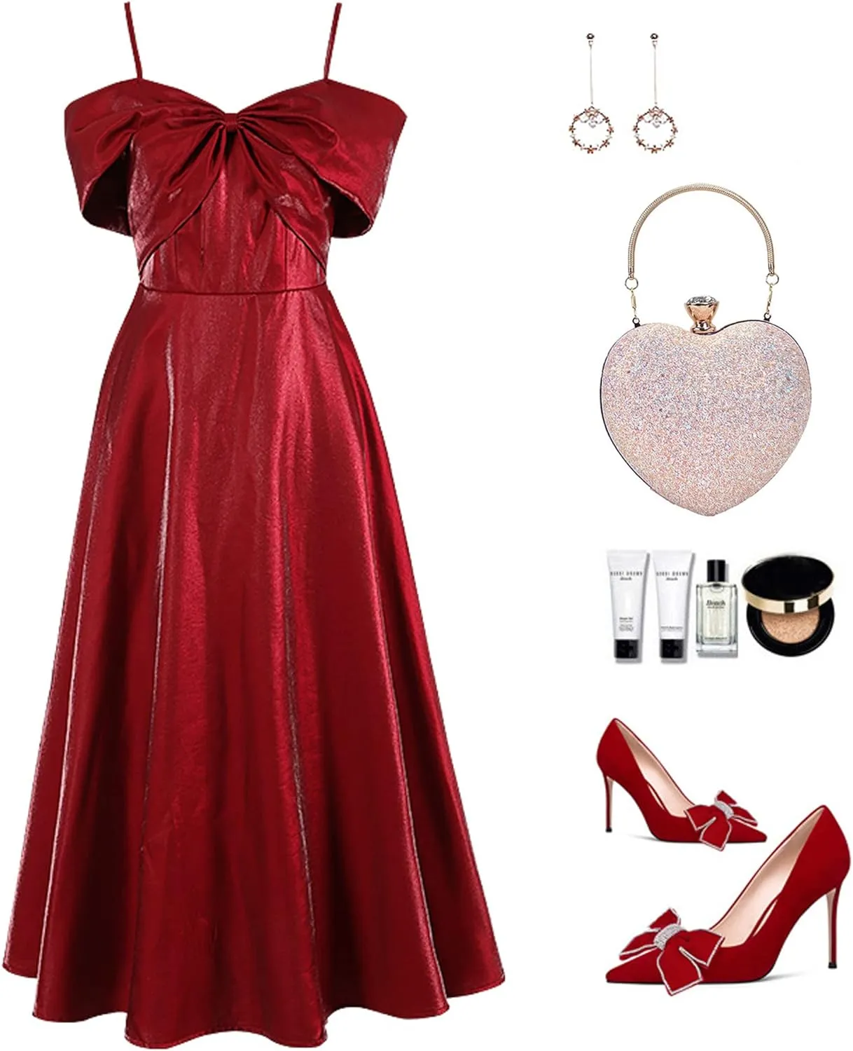 Women Exquisite Heart Shape Evening Clutch Velvet Leather Tote Handbag Chain Party Shoulder Crossbody Red