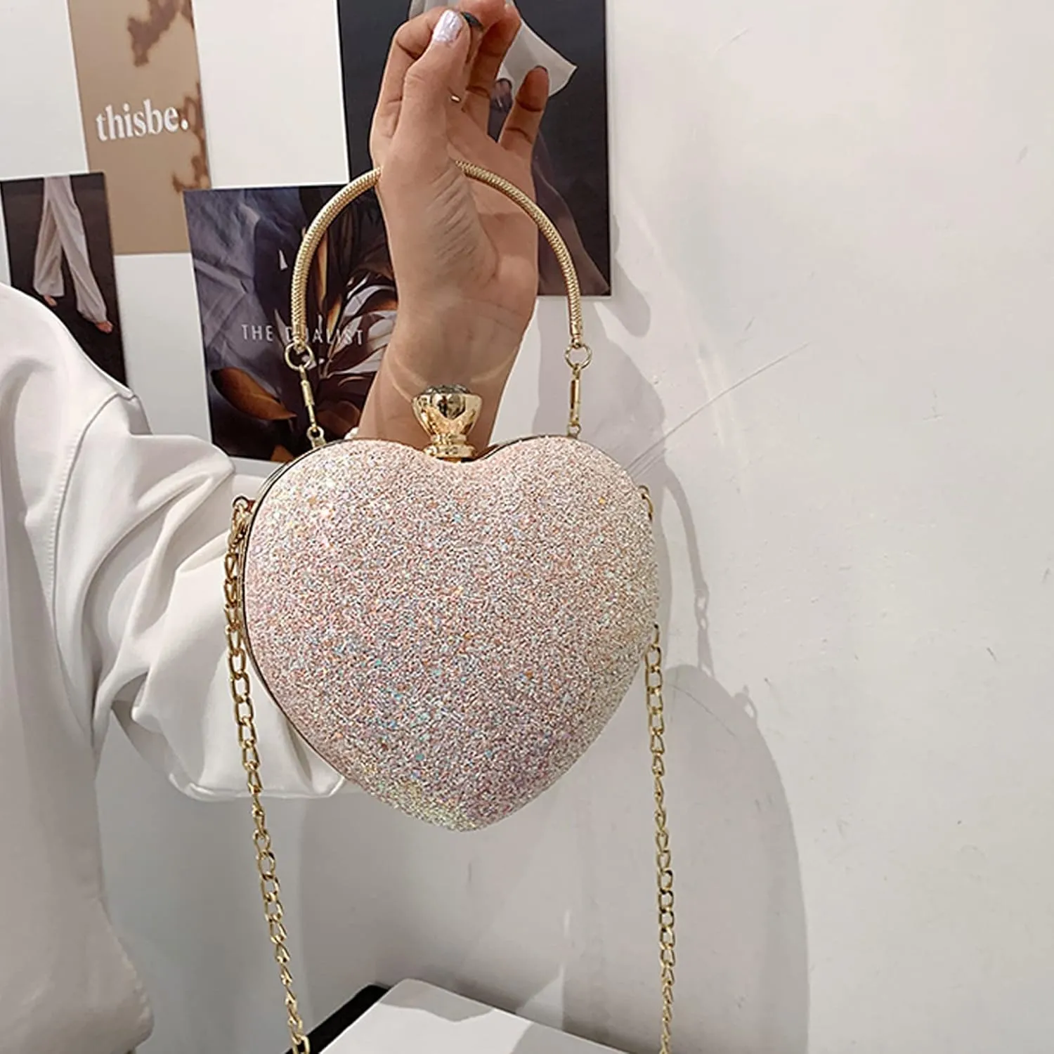 Women Exquisite Heart Shape Evening Clutch Velvet Leather Tote Handbag Chain Party Shoulder Crossbody Red