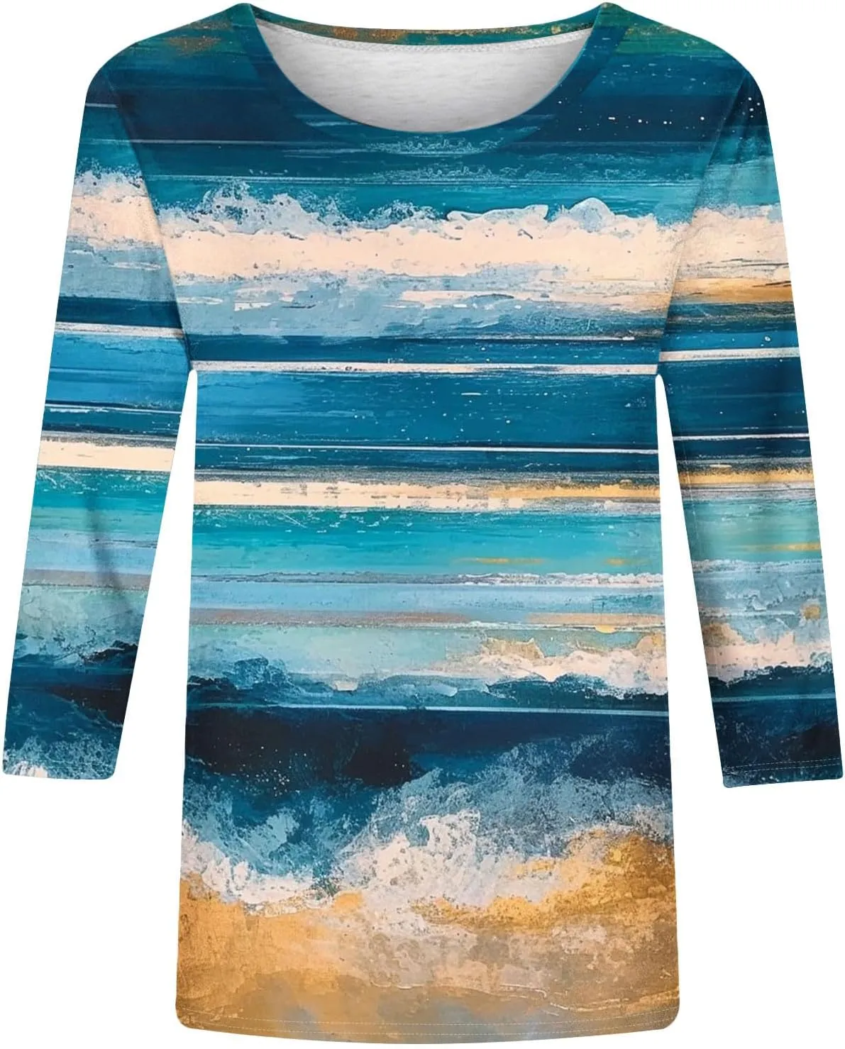 Women Fashion Printed T Shirt 3/4 Sleeves Round Neck Casual Tops Blouse Gradient Color Block Tunics T-Shirts