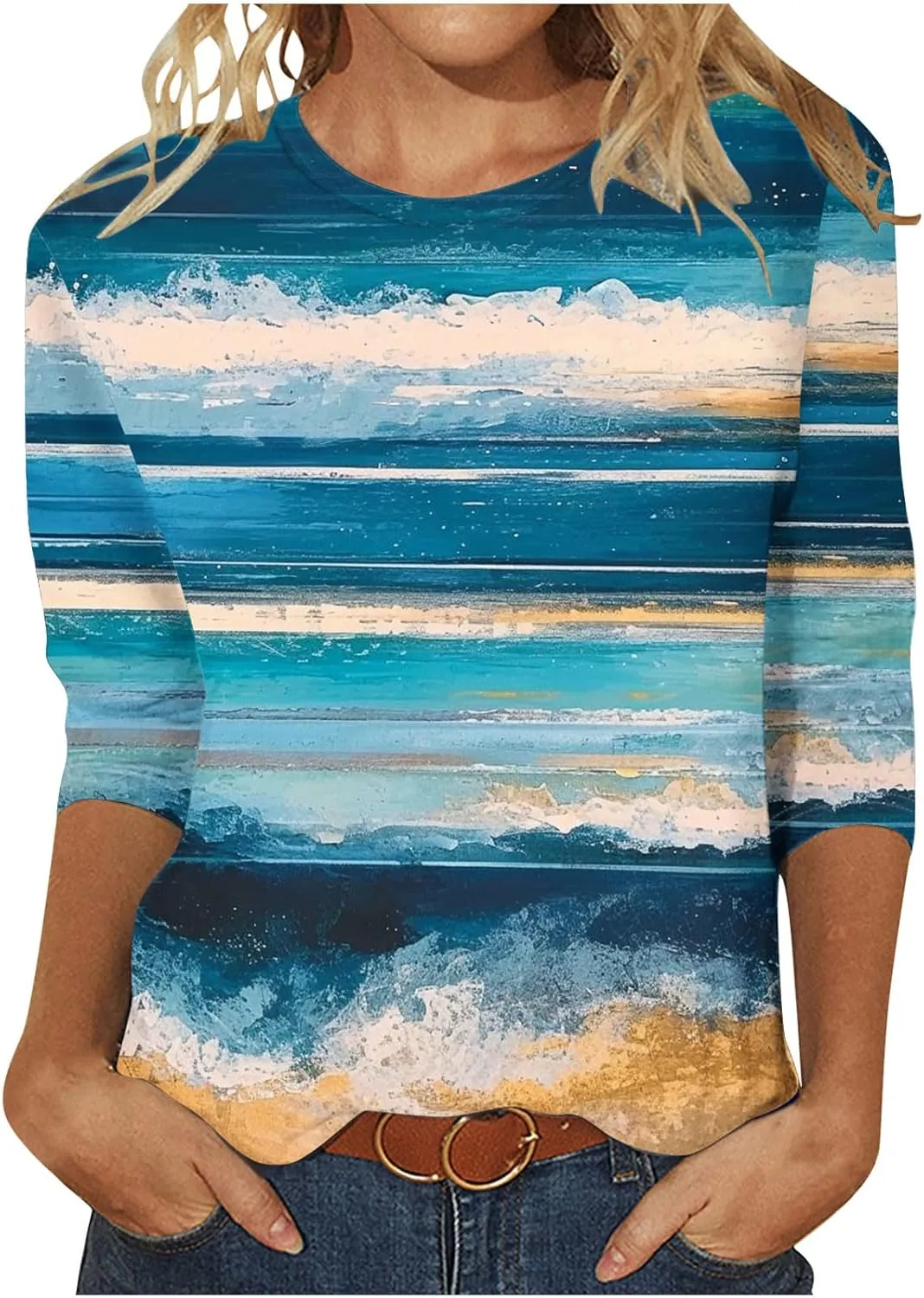 Women Fashion Printed T Shirt 3/4 Sleeves Round Neck Casual Tops Blouse Gradient Color Block Tunics T-Shirts