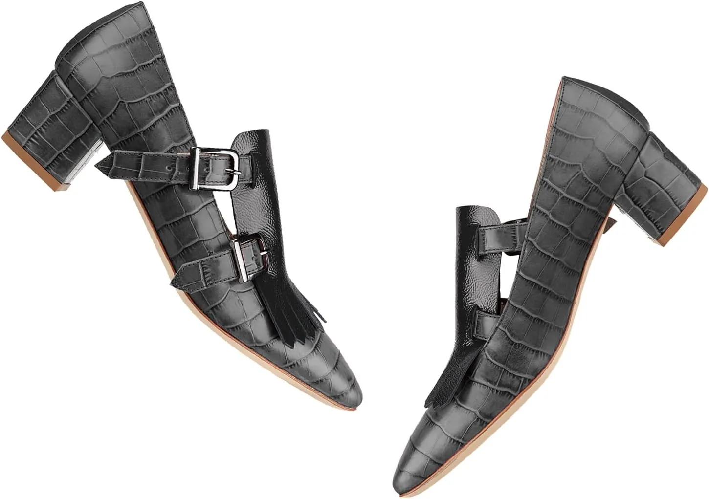 Women Fringe Loafer Pumps Chunky Heel Square Toe Loafers Buckle Strap Crocodile Pattern 2 inch Block Heel Slip On Dress Shoes Tassels Animal Print Sexy Fashion Retro Party 4-11 M US