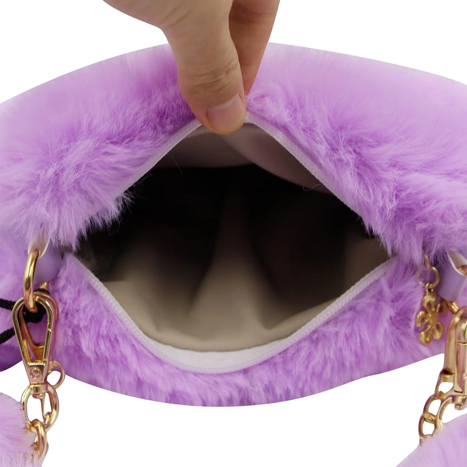 Women Girls Faux Fur Heart Shaped Handbag Plush Shoulder Bag Clutch Purse with Metal Chain Strap