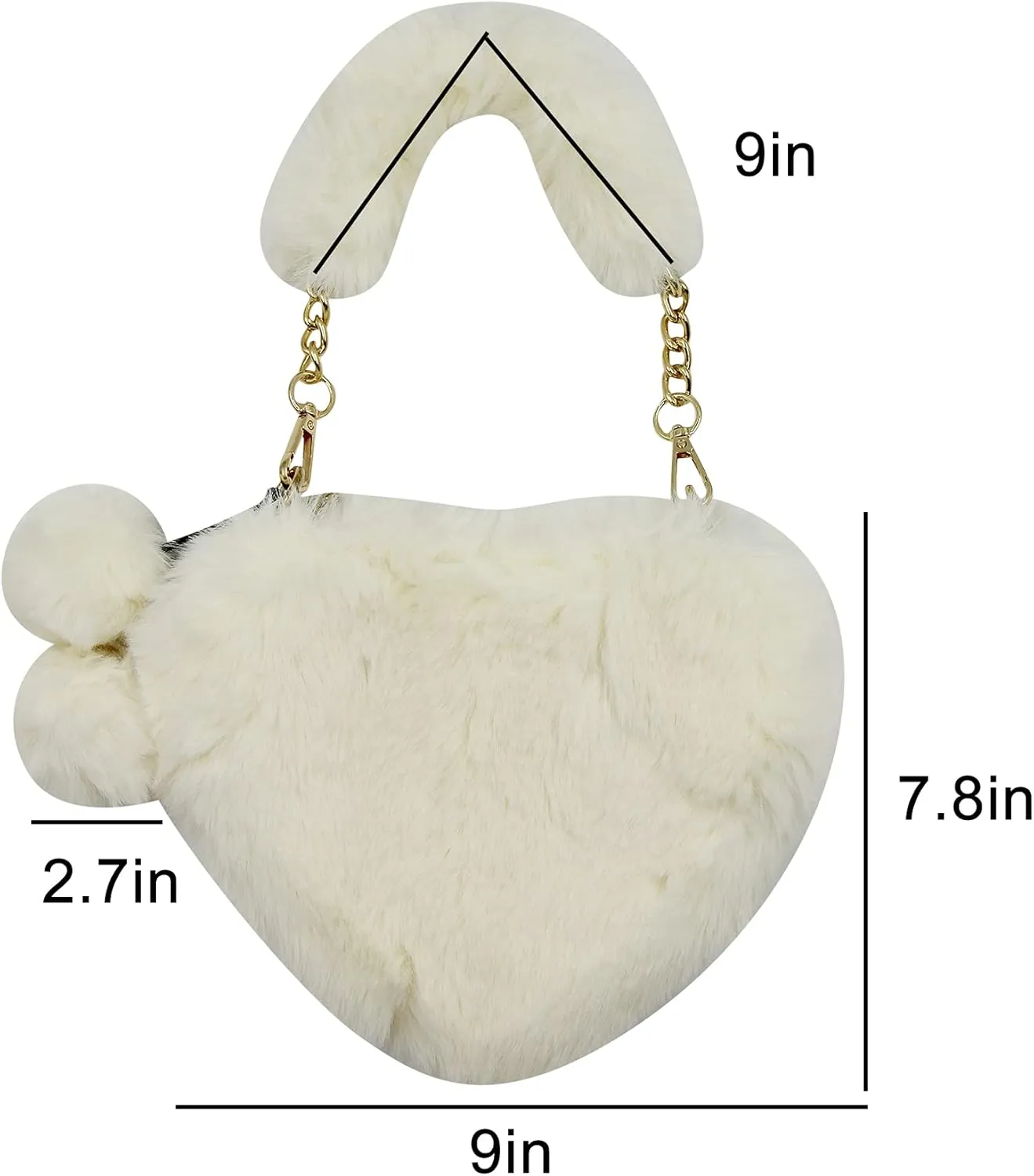 Women Girls Faux Fur Heart Shaped Handbag Plush Shoulder Bag Clutch Purse with Metal Chain Strap