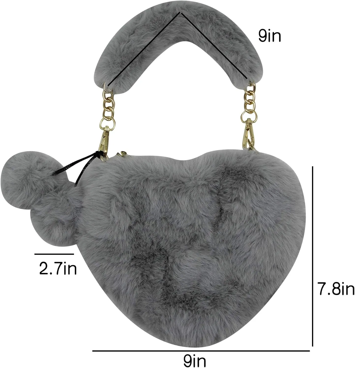 Women Girls Faux Fur Heart Shaped Handbag Plush Shoulder Bag Clutch Purse with Metal Chain Strap