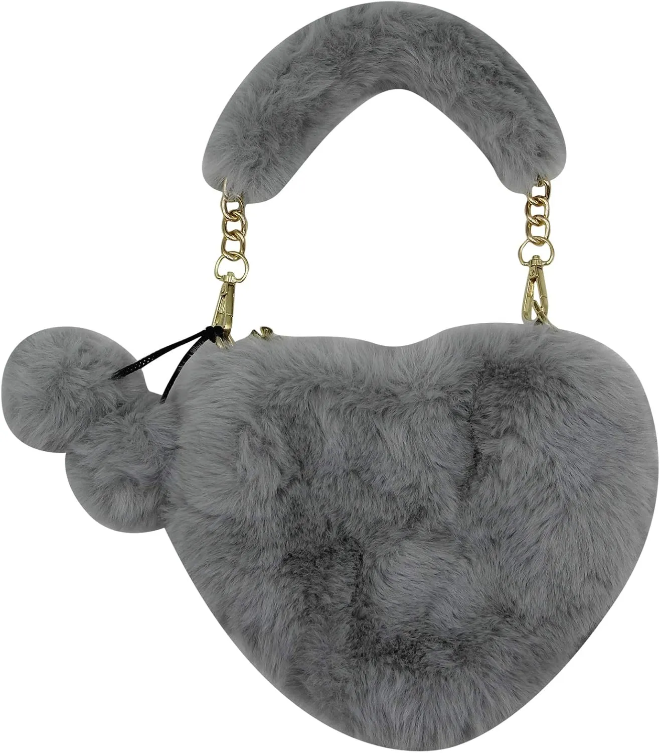 Women Girls Faux Fur Heart Shaped Handbag Plush Shoulder Bag Clutch Purse with Metal Chain Strap