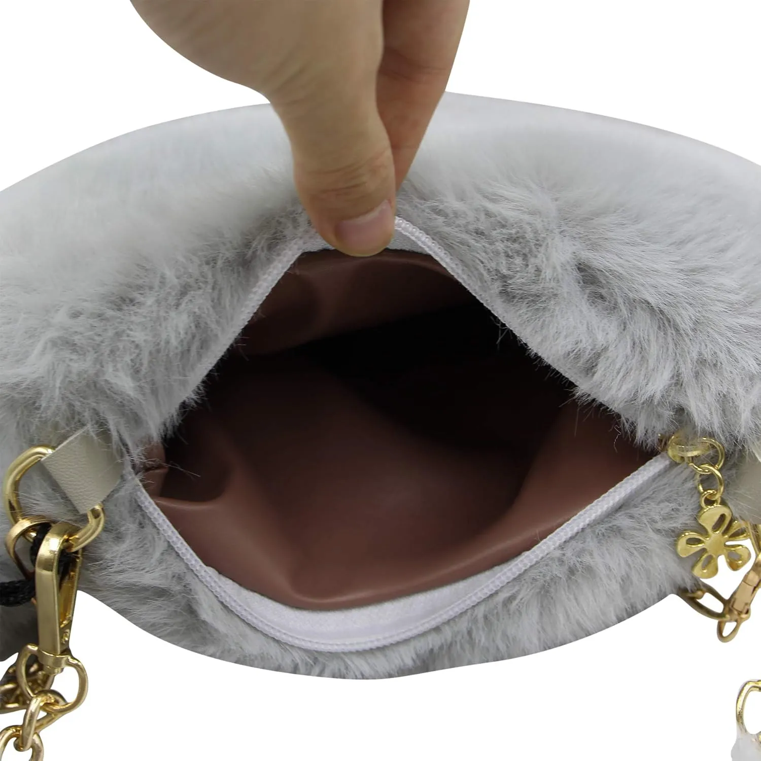 Women Girls Faux Fur Heart Shaped Handbag Plush Shoulder Bag Clutch Purse with Metal Chain Strap