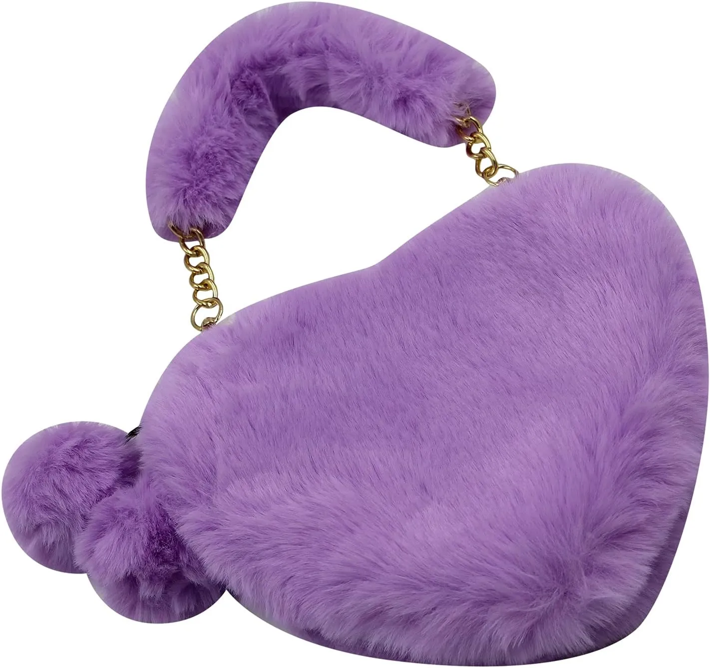 Women Girls Faux Fur Heart Shaped Handbag Plush Shoulder Bag Clutch Purse with Metal Chain Strap